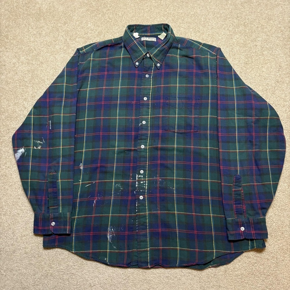 Vtg LL Bean Shirt Mens XL Green Plaid Flannel Button Up LS USA Paint Grunge 80s